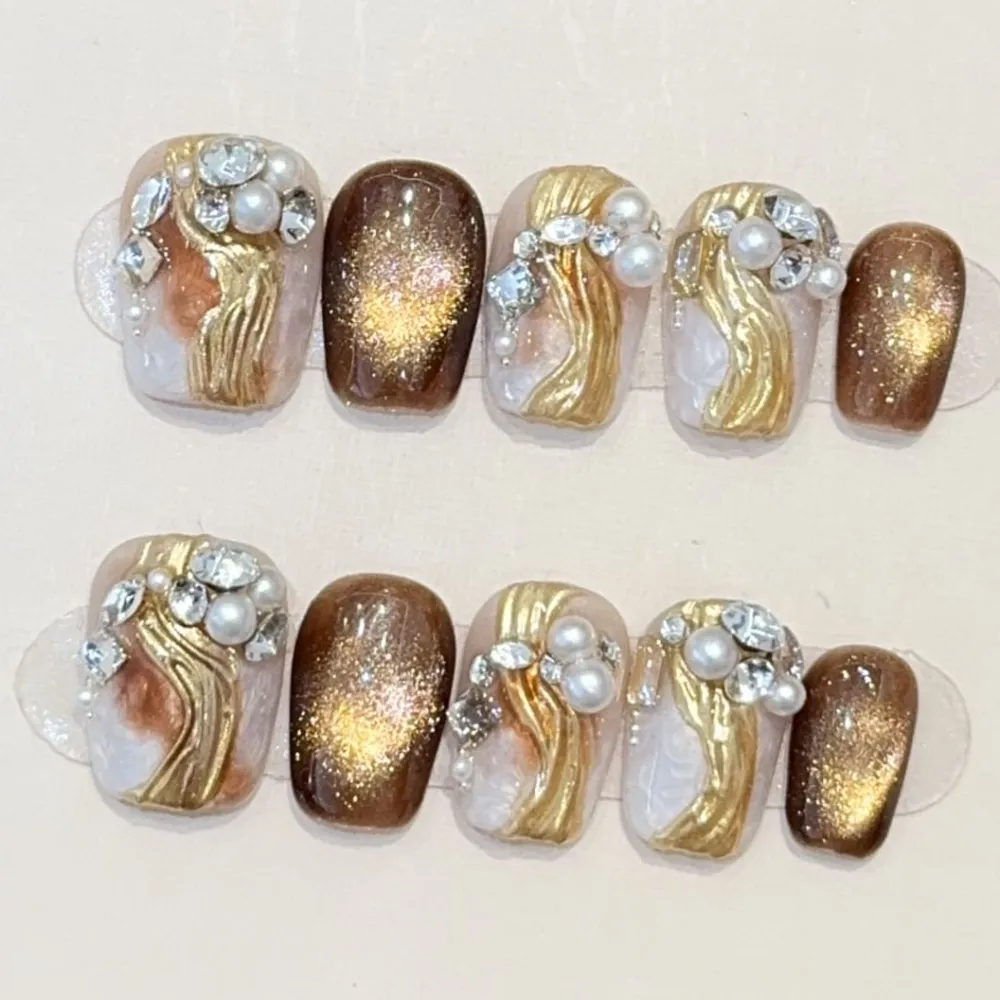 Nailhour 10Pcs Autumn Gilded 3D Handmade Short Square Press On Nails