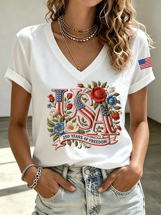 Women's Flower Independence Day Printed Casual T-shirt