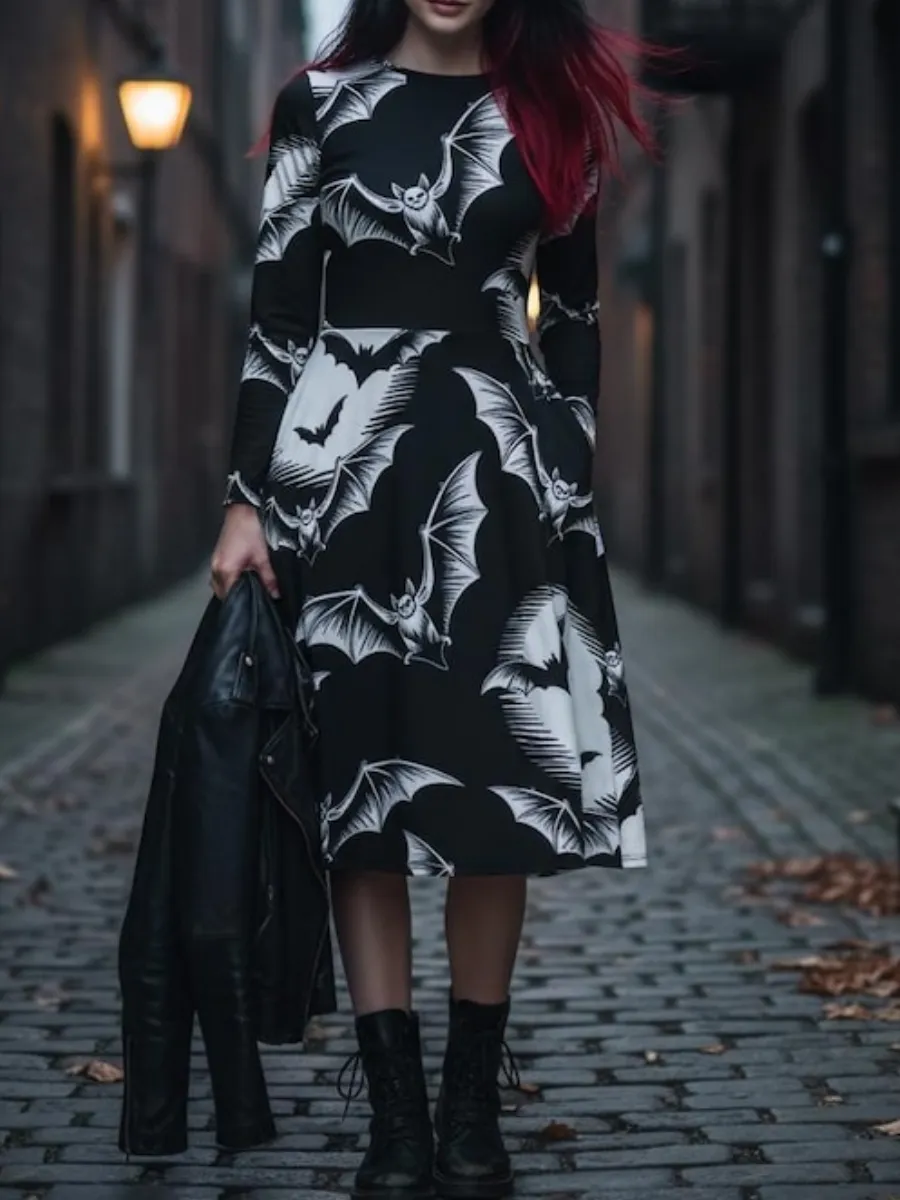 Gothic Bat Print Dress