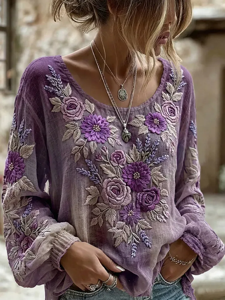 Women's printed purple artistic round neck shirt
