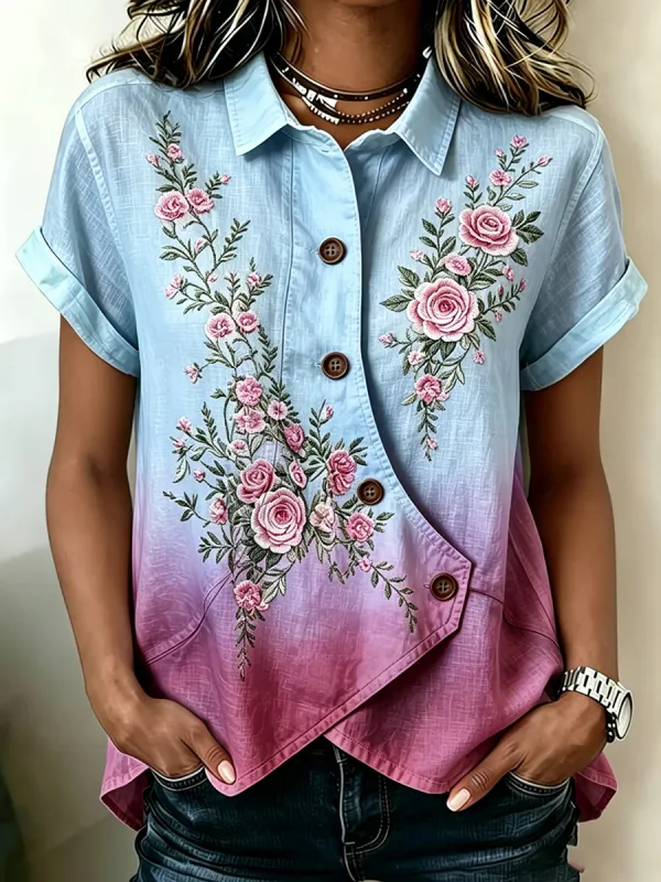 Women's Retro Rose Casual Gradient Cotton Linen Blend Shirt