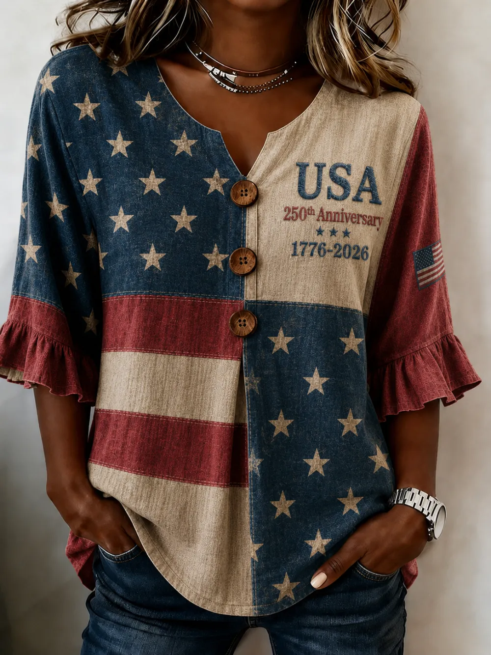 Women's Vintage American Flag Patchwork Star Ruffle Sleeve Henley Blouse
