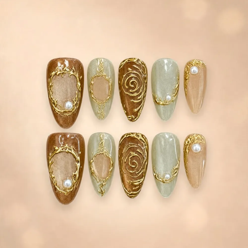 Nailhour 30Pcs Amber Gilded Medium Almond French Press On Nails