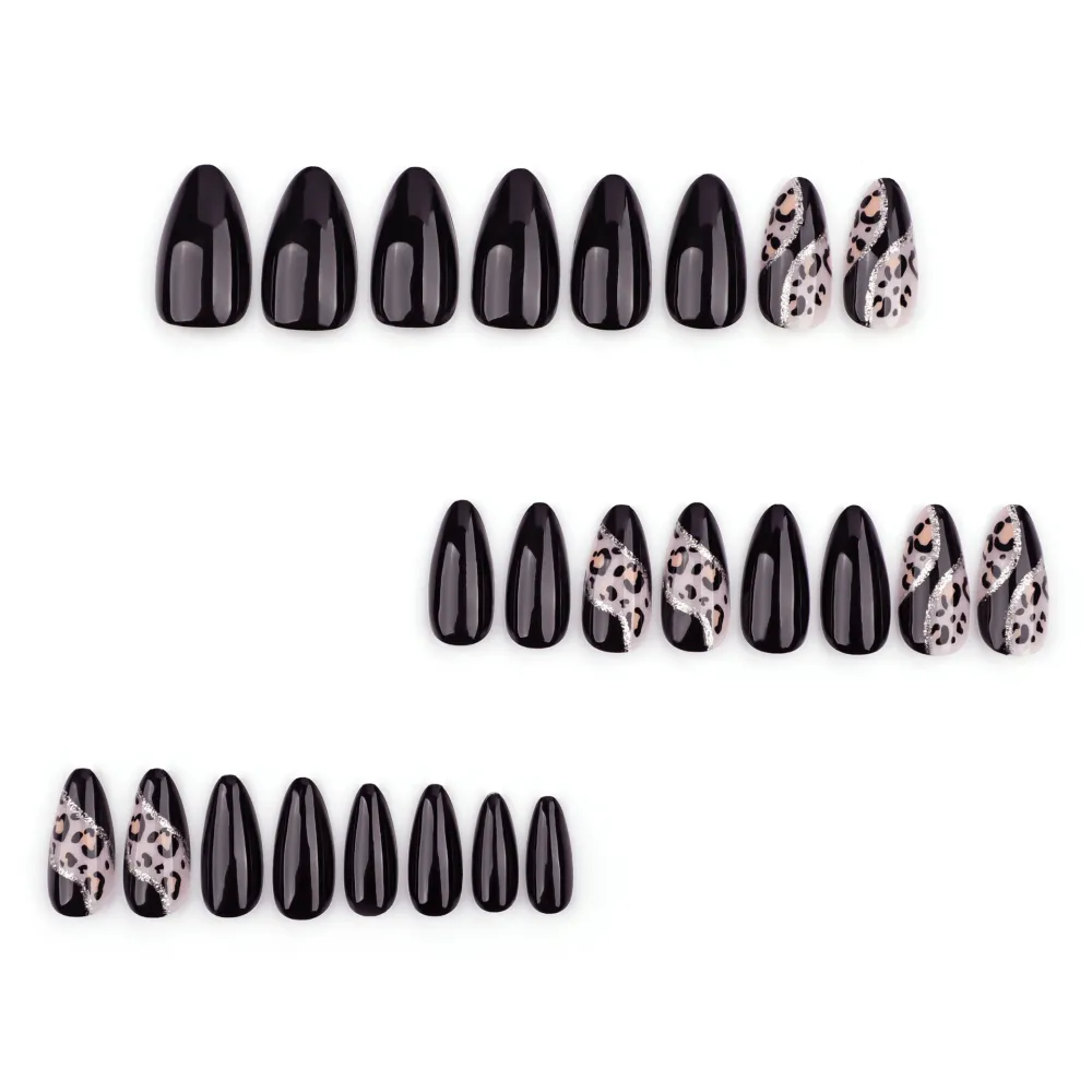 Nailhour Black Minimalist 24Pcs Leopard Winter Press On Nails