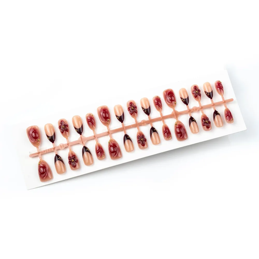 Nailhour 30Pcs French Floral Medium Almond 3D Press On Nails