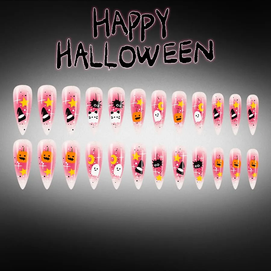 Nailhour 24Pcs Pink Halloween Cute Ghost Long Almond Press On Nails