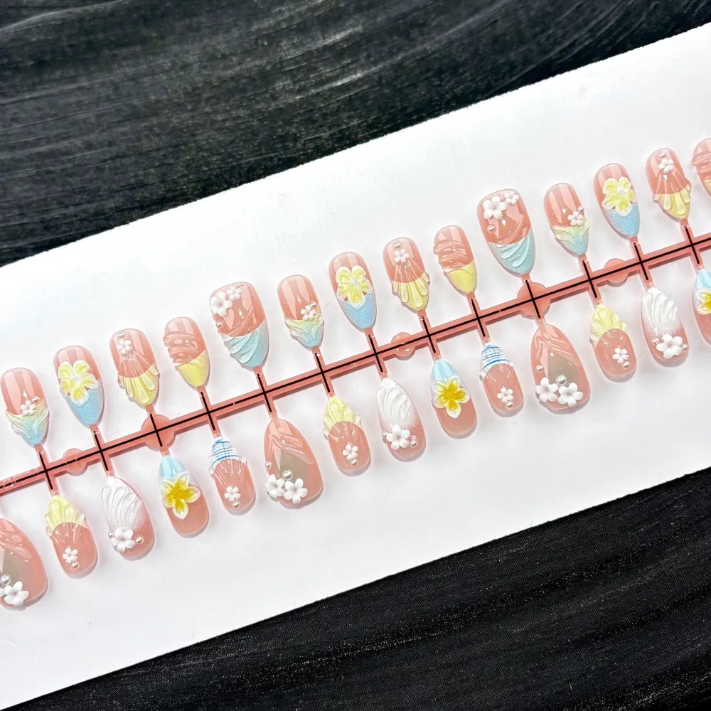 Nailhour 30Pcs Fresh & Simple Floral 3D Medium Almond French Press On Nail