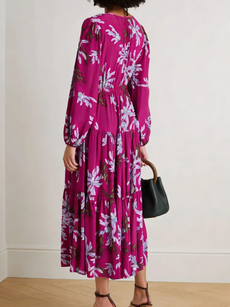 Tiered Floral Long Sleeve Midi Dress