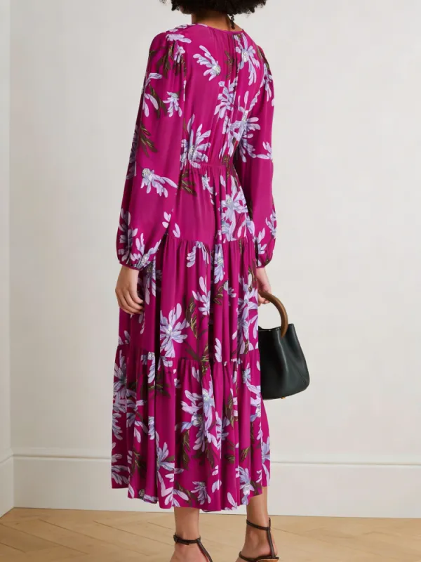 Tiered Floral Long Sleeve Midi Dress