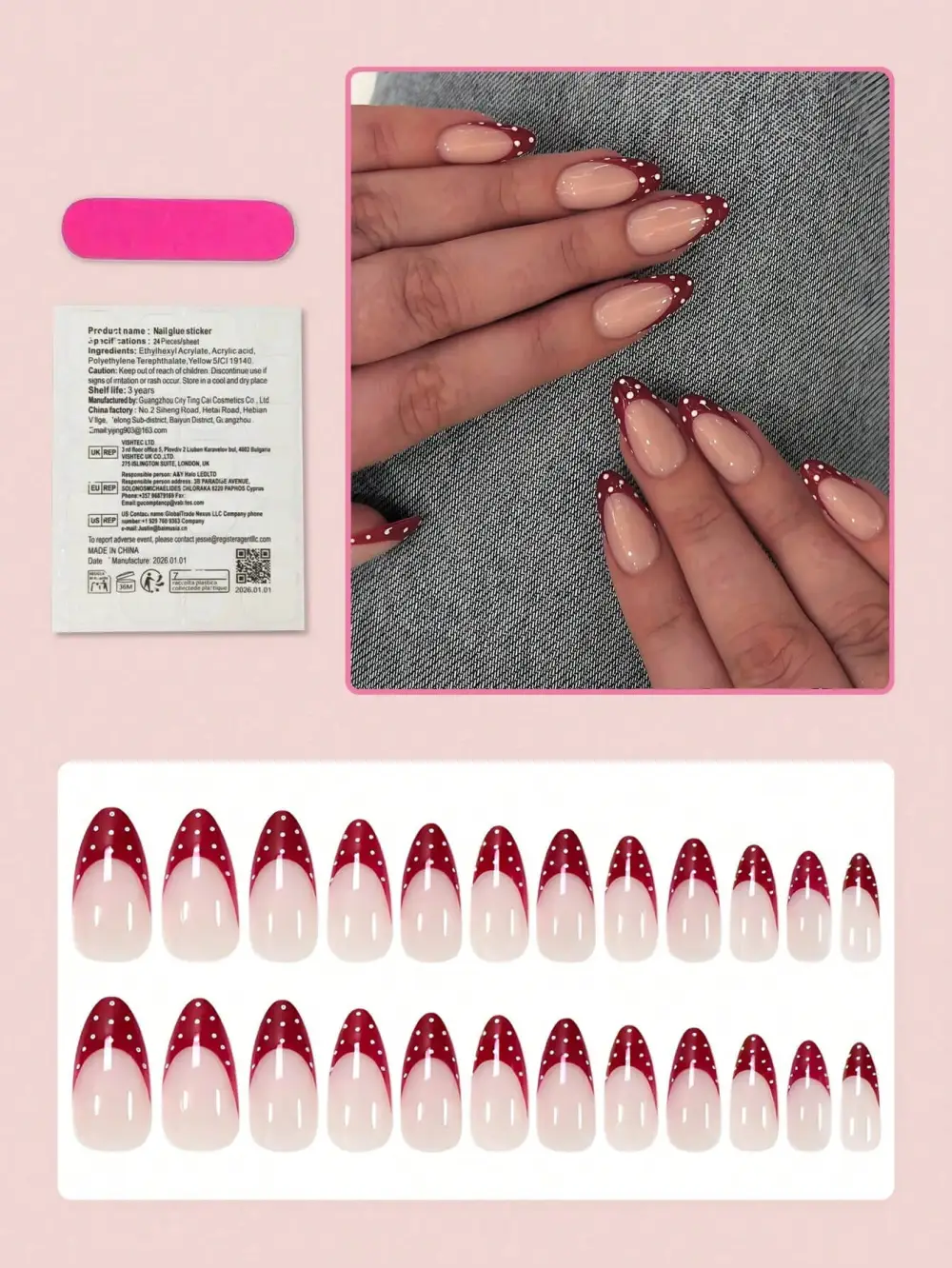 Nailhour 24Pcs Medium Almond  Red French Polka Dot Press On Nails