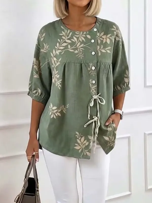 Women'S Casual Floral Print Cotton Linen Top