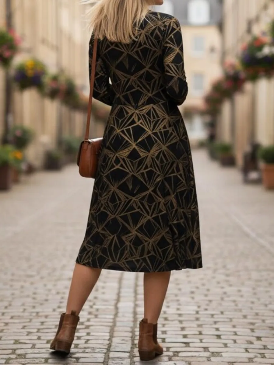 Pocketed Gold Geometric Print Dress