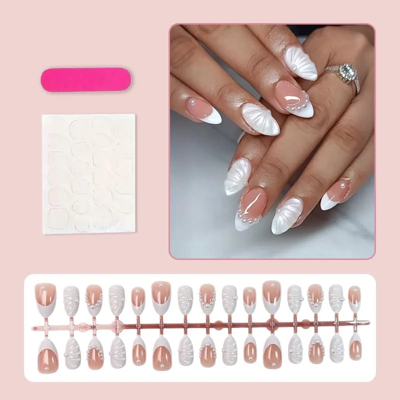 Nailhour 30Pcs White Pearl 3D Medium Almond French Press On Nails
