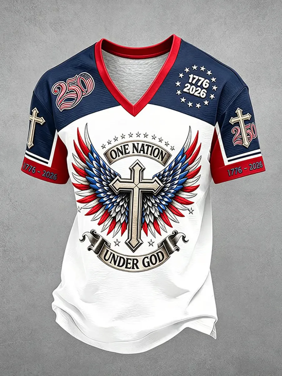 Men's America's 250th Anniversary Stand For The Flag Kneel For The Cross Faith Christian Cross Print T-Shirt
