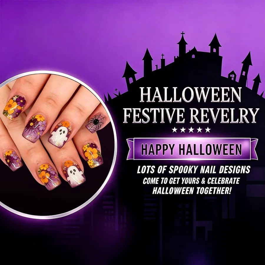 Nailhour 24Pcs Cute Ghost Halloween Multicolor Glitter Short Square Press On Nails