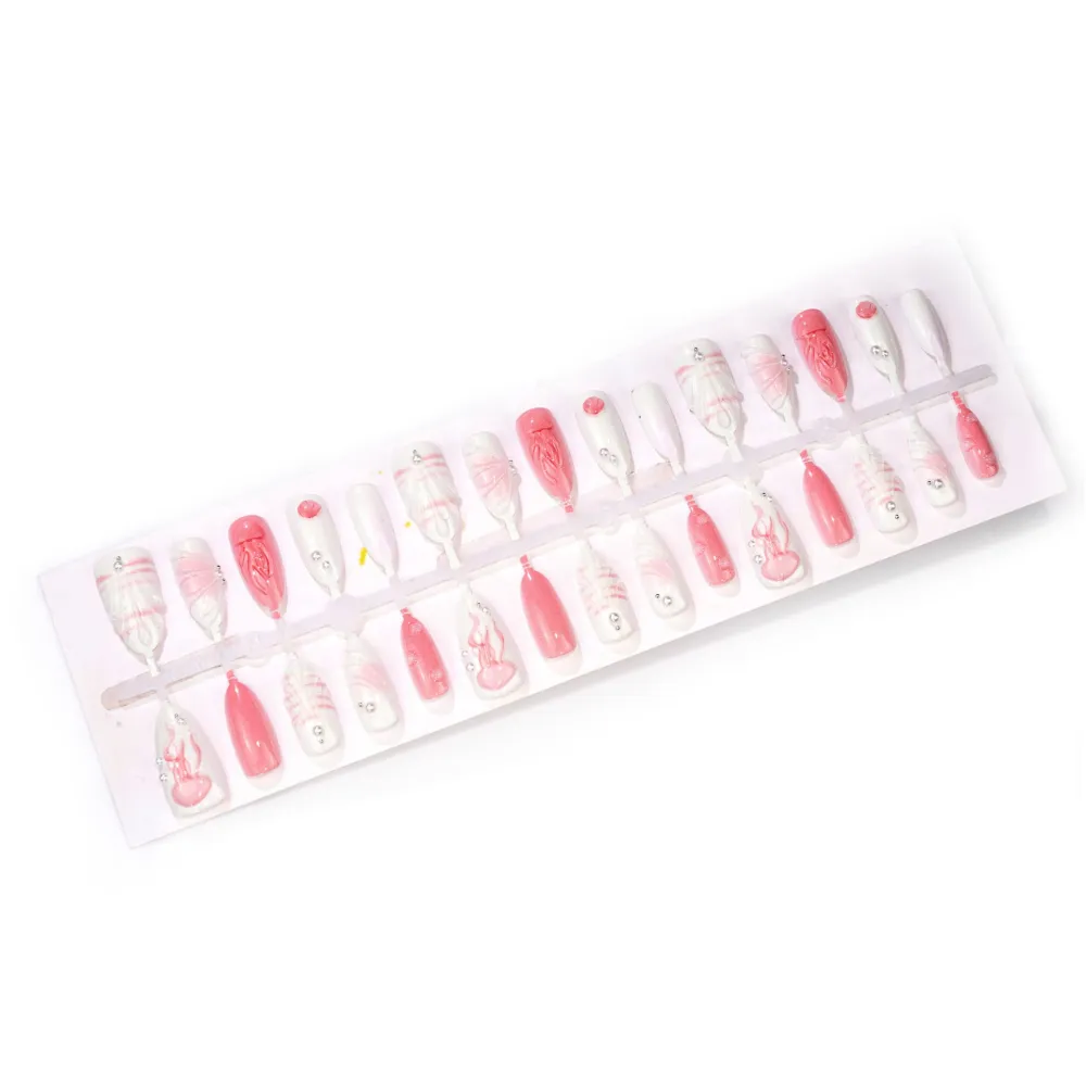 Nailhour 30Pcs Pink 3D Medium Almond French Sweet Press On Nails