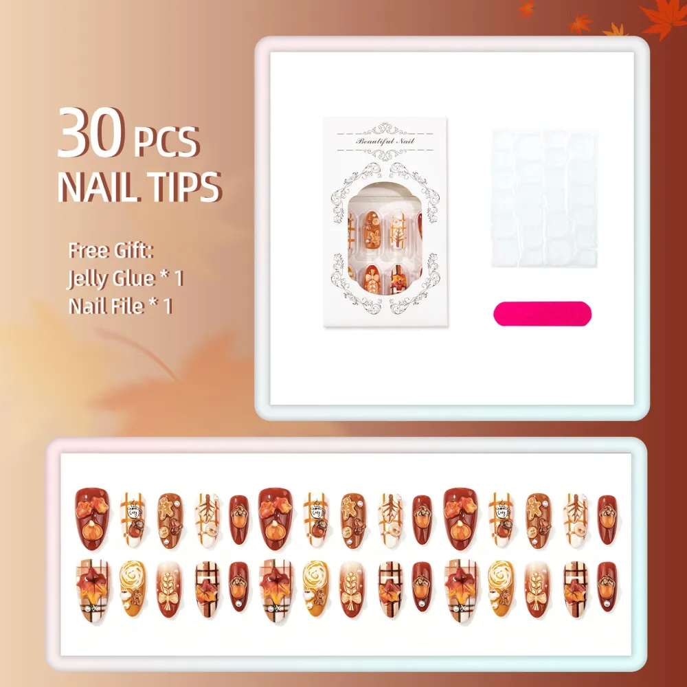 Nailhour 30Pcs 3D Biscuit Medium Almond Autumn Press On Nails
