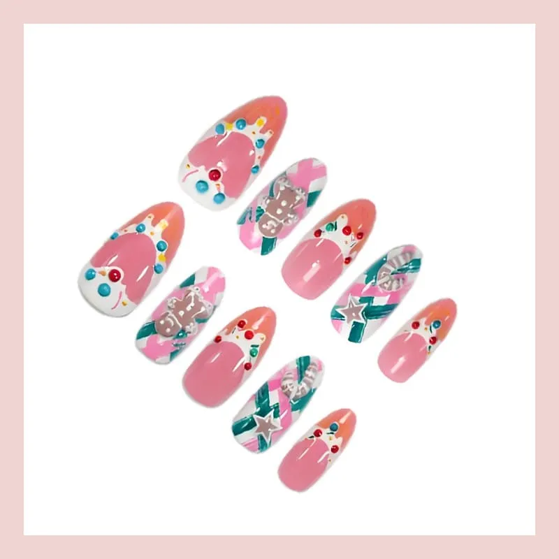 Nailhour 30Pcs Gingerbread Man 3D Medium Almond French Christmas Press On Nails
