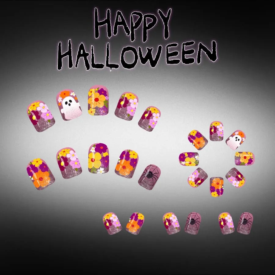 Nailhour 24Pcs Cute Ghost Halloween Multicolor Glitter Short Square Press On Nails