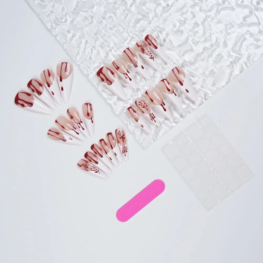 Nailhour 24Pcs French Halloween Gothic Long Almond  Press On Nails