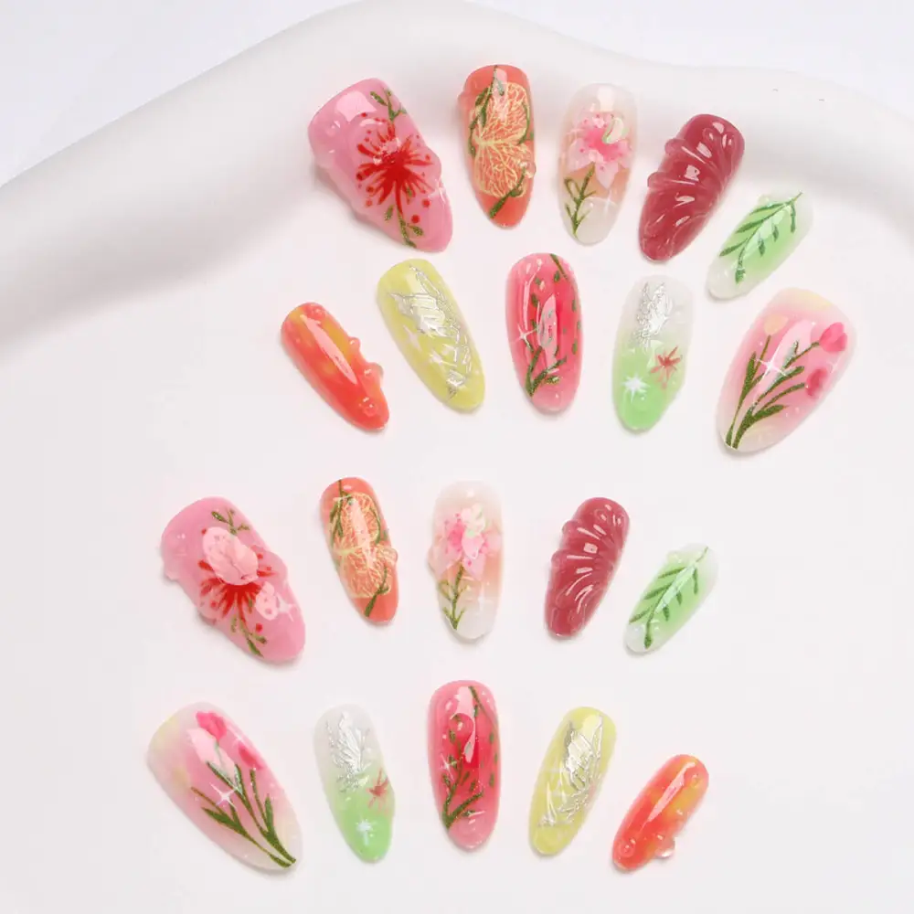 Nailhour 30Pcs 3D Floral Resin Medium Almond Press On Nails