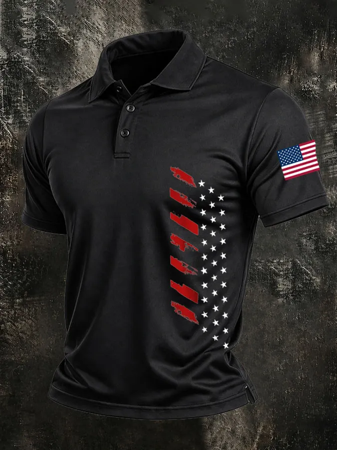 Men'S American Flag Print Casual Polo Shirt