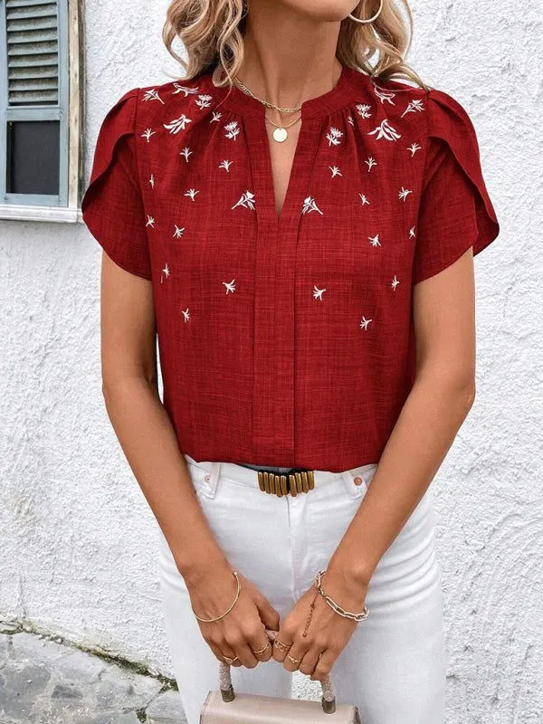 Printed V-Neck Short Sleeve Blouse