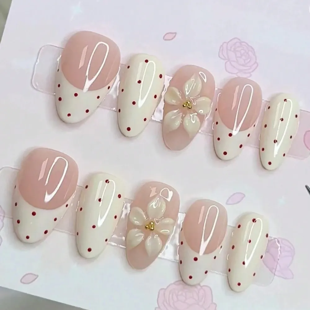 Nailhour 10Pcs Handmade Short Almond French 3D Resin Round Dot Floral Press On Nails