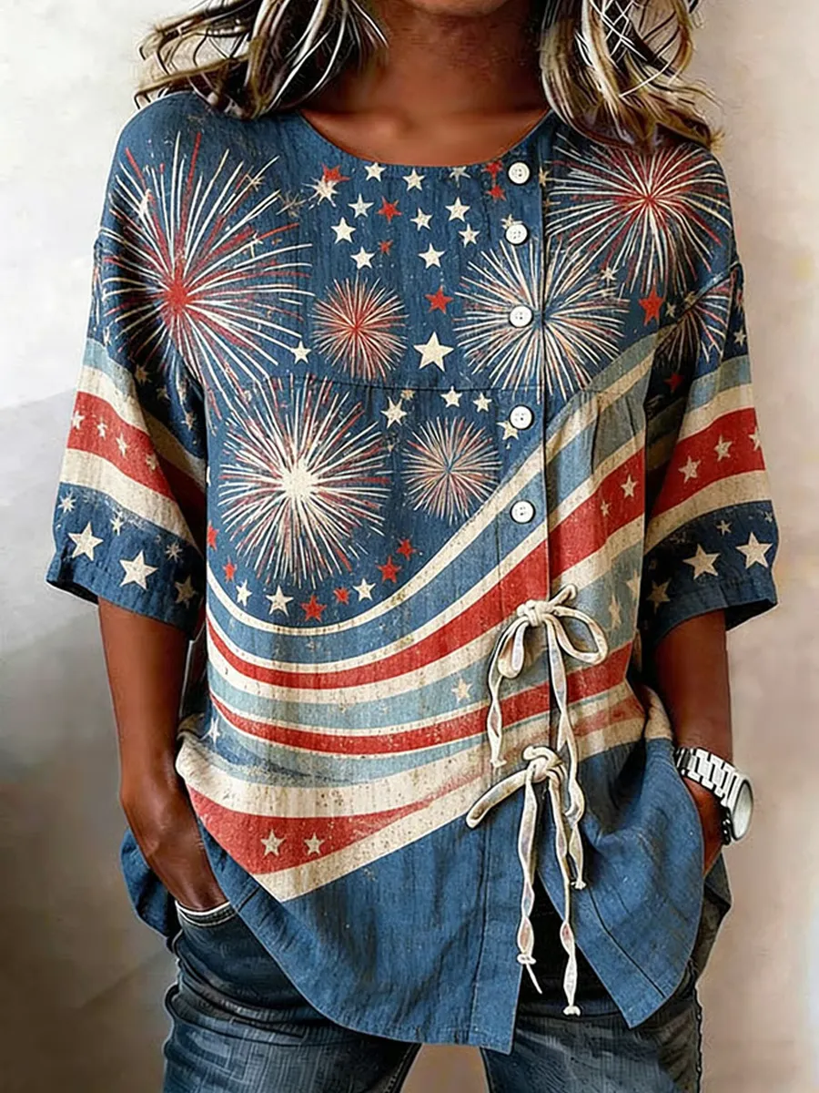 Women's Retro American Flag Art Round Neck Drop Shoulder Tie Button Shirt