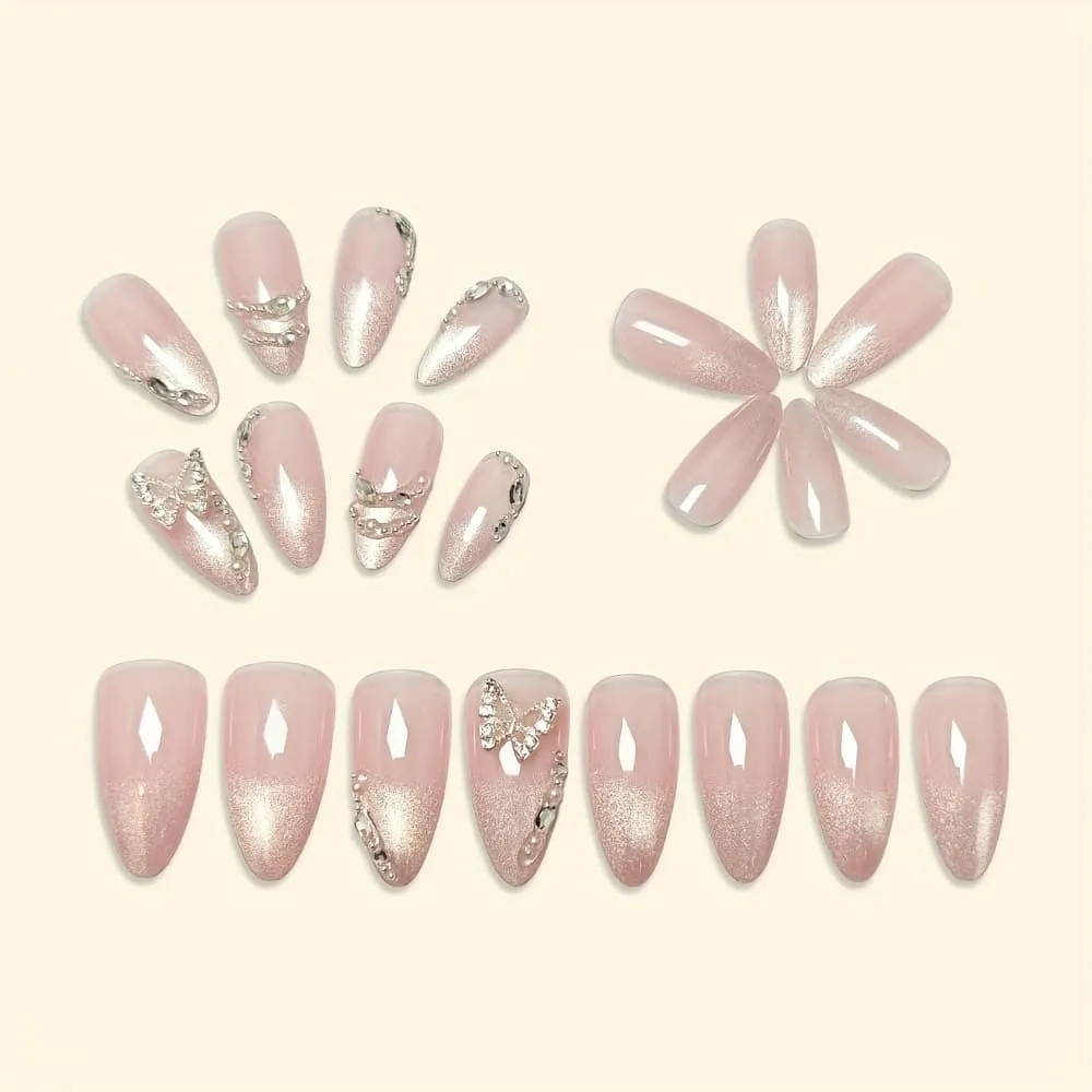 Nailhour 24Pcs French Glitter Nude Rhinestone Medium Almond Press On Nails