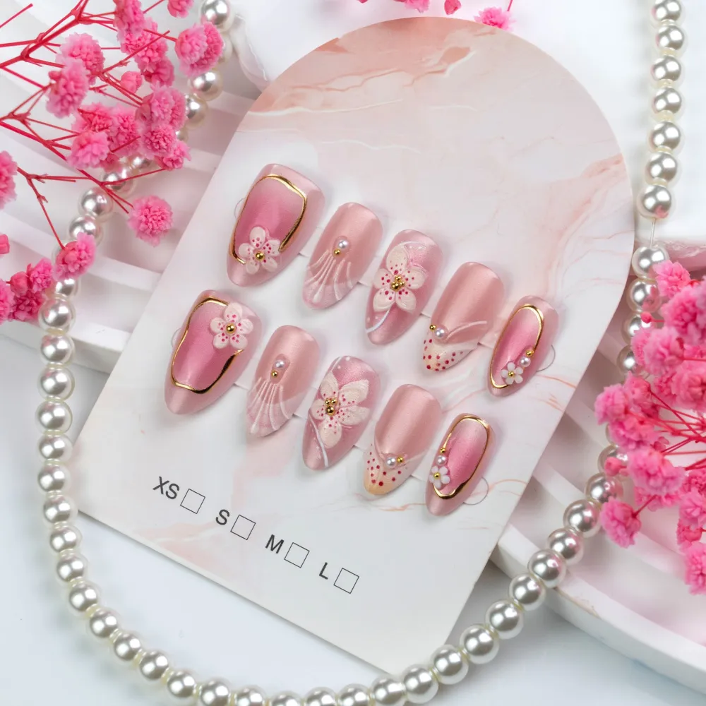 Nailhour 30Pcs Pink Cherry Blossom Medium Almond French Press On Nails