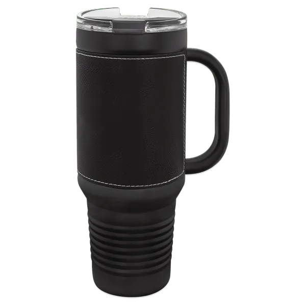 Leatherette Finish Handled Straw Lid Stainless Steel Tumbler