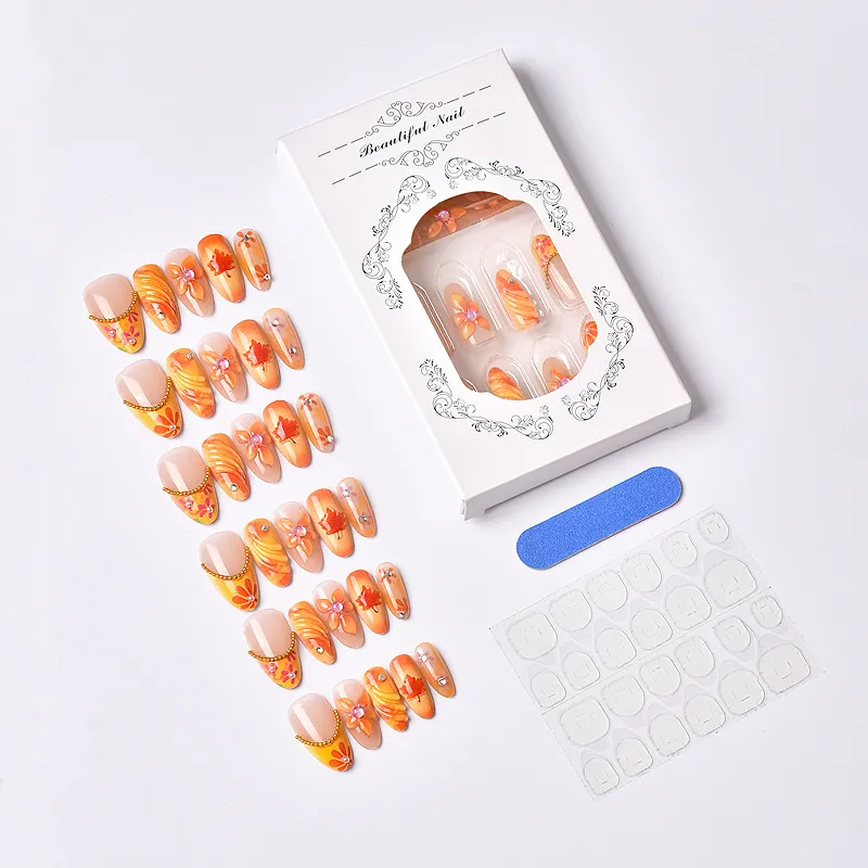 Nailhour 30Pcs Autumn Floral Medium Almond Press On Nails