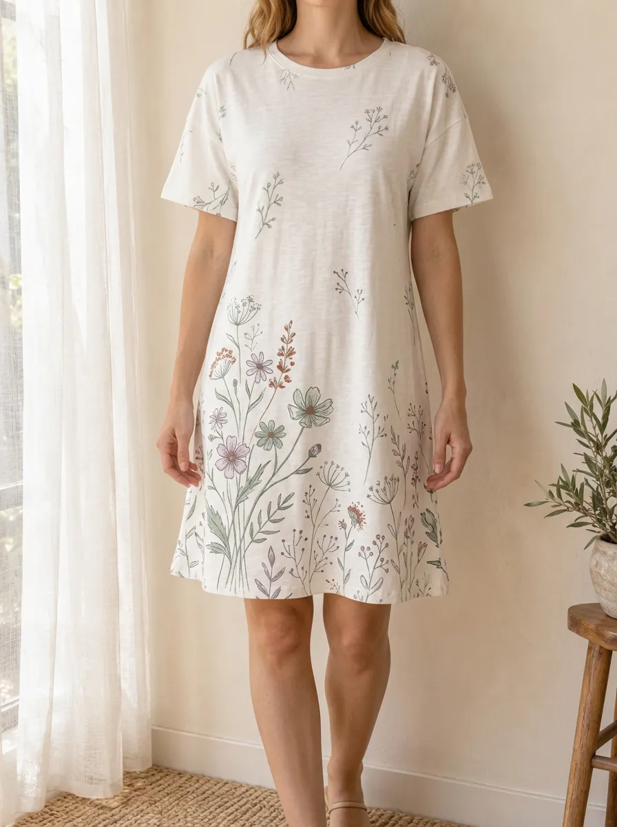 Women's Crew Neck Floral Print T-Shirt Dress