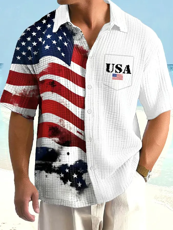 Men's Retro Independence Day Flag Printed Casual Shirt