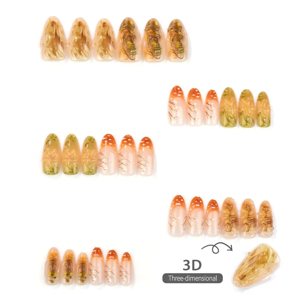 Nailhour 30Pcs 3D Floral Autumn French Gilded Medium Almond Press On Nails