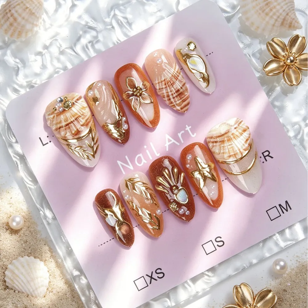 Nailhour 30Pcs Brown Vintage 3D Medium Almond Press On Nails