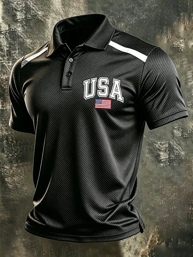 Men'S American Flag Print Casual Polo Shirt