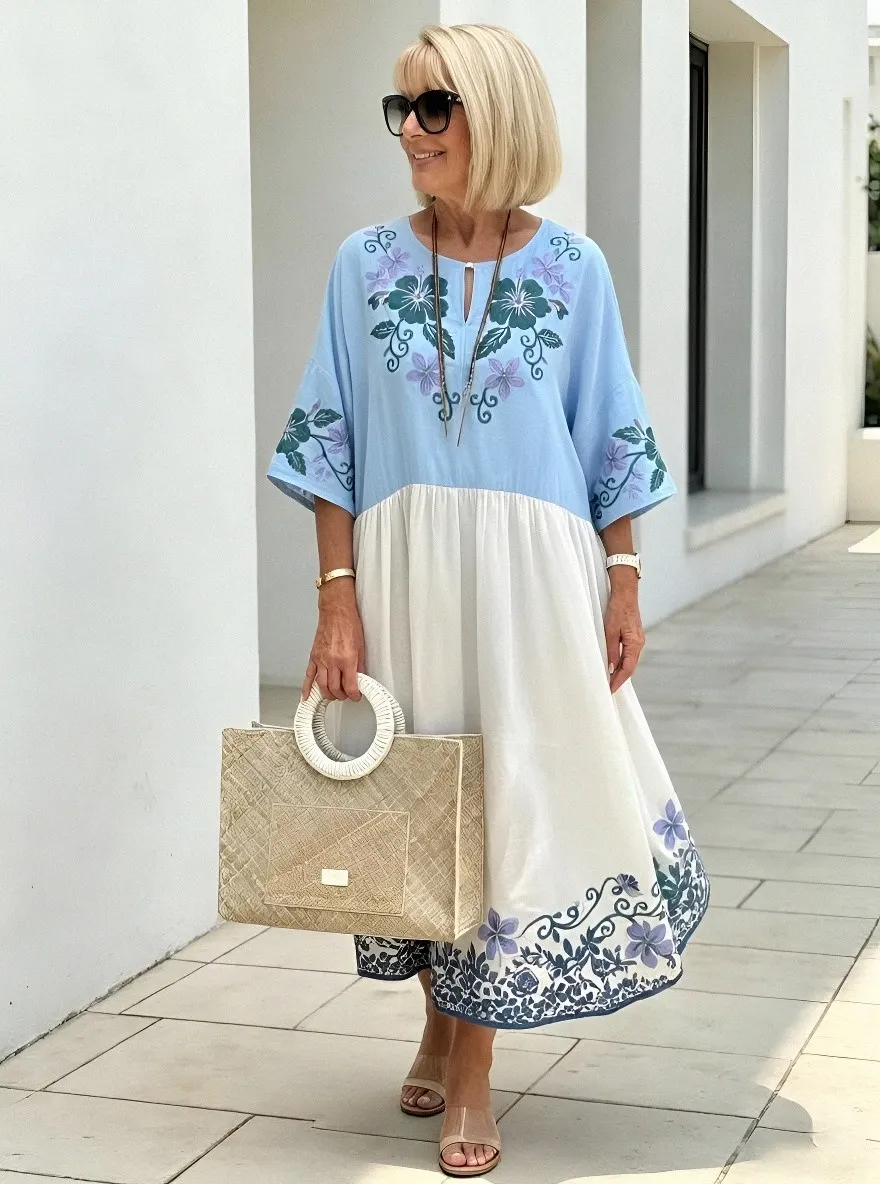 Women's Summer Vacation Lavender Floral Gingham Printed Shirt Dress