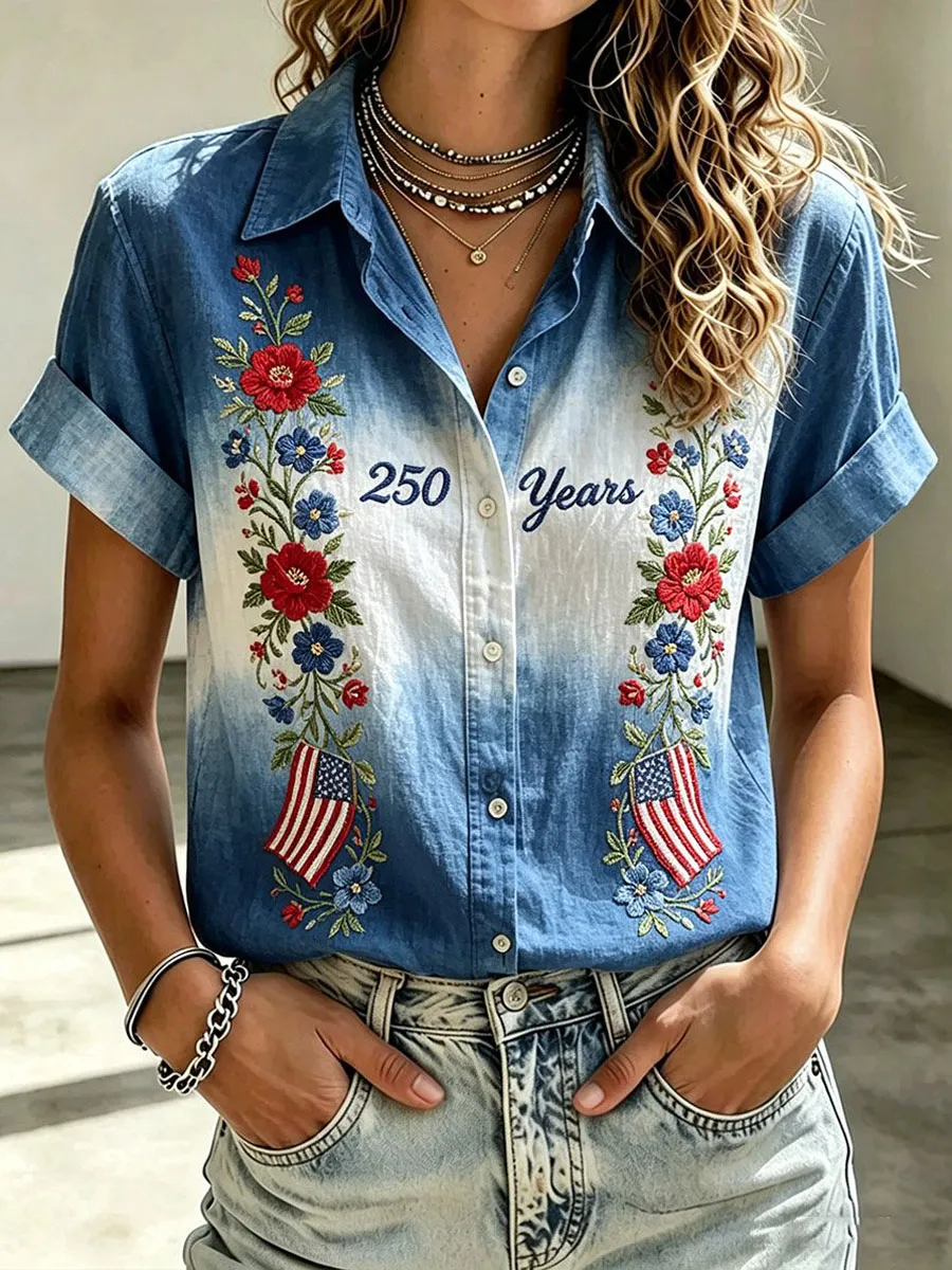 Women's Vintage American Flag & Floral Art Print Short-Sleeve Shirt