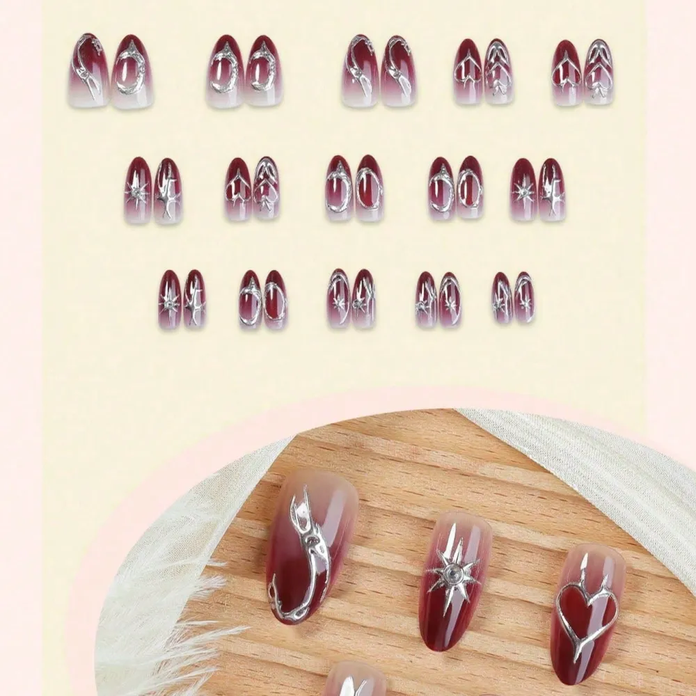 Nailhour 24Pcs Gradient Y2K Red 3D Medium Almond Press On Nails