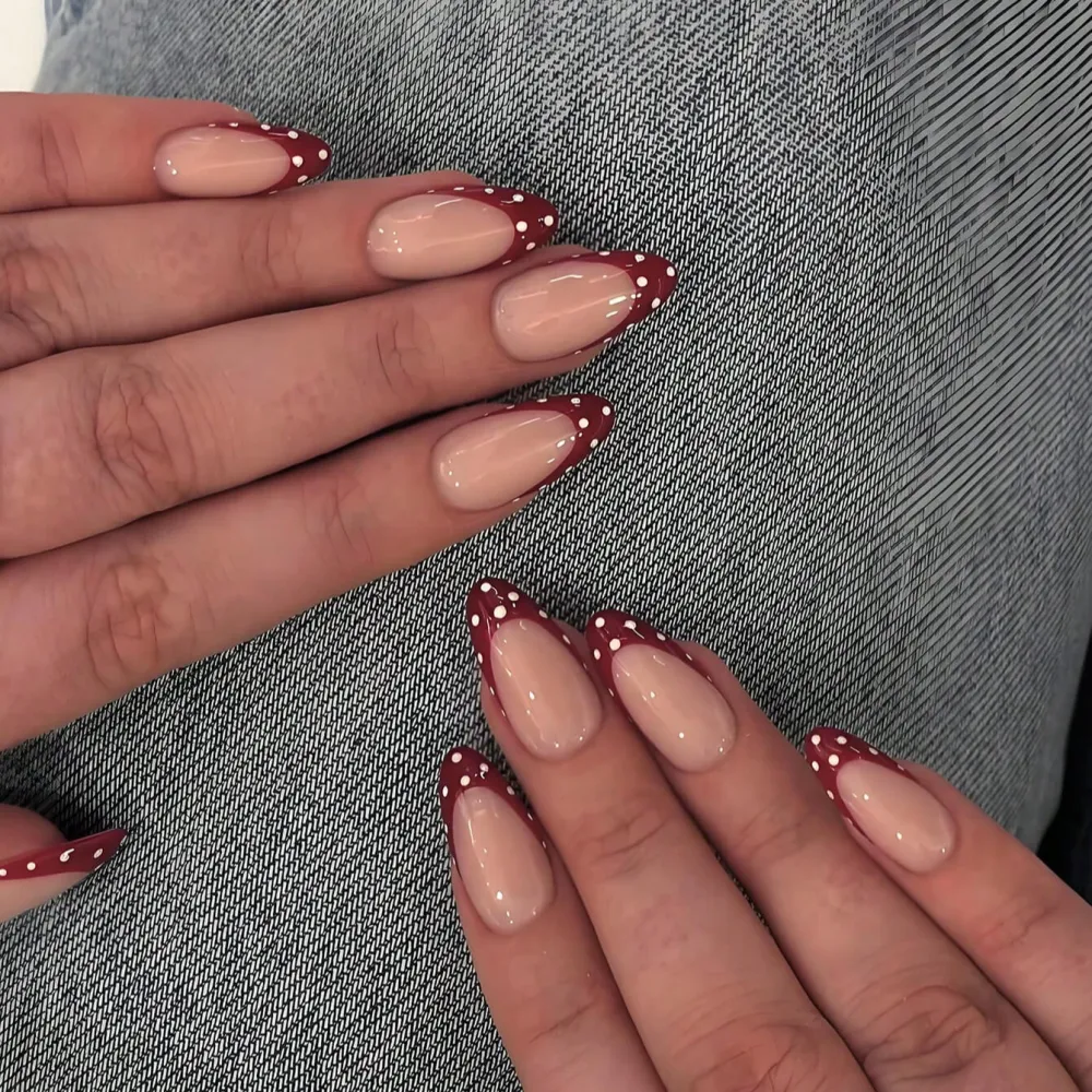 Nailhour 24Pcs Medium Almond  Red French Polka Dot Press On Nails