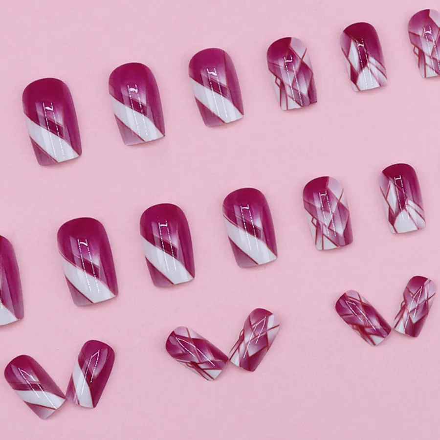 Nailhour Purple Plaid 24Pcs Square Press On Nails