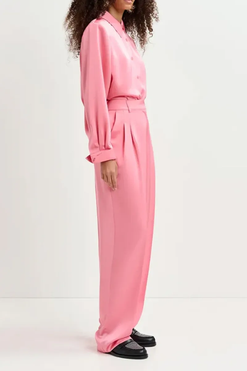Pink Belted Waist Satin Shirts