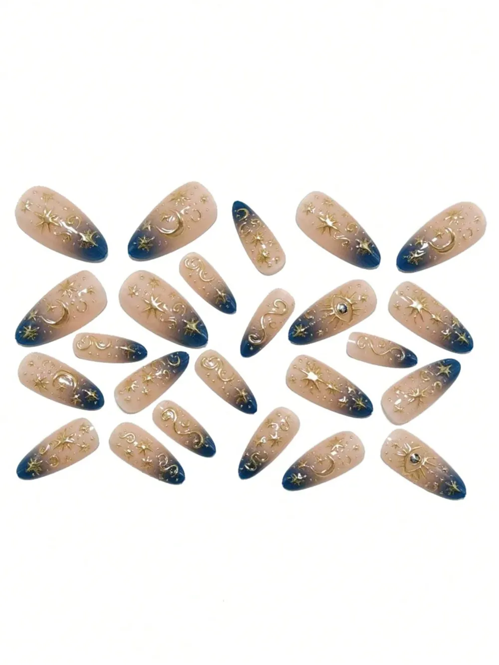 Nailhour 24pcs 3D Moon & Star Almond Shaped Short Nail Tips