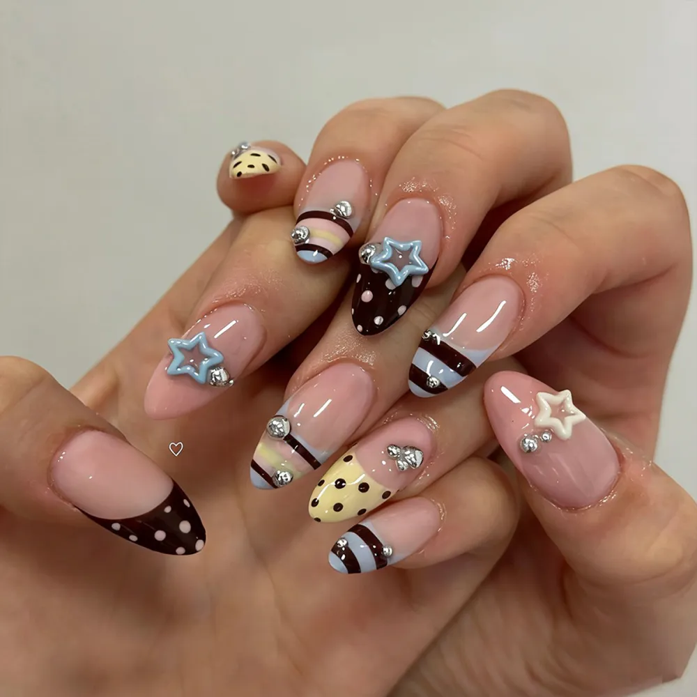 Nailhour 24 Pcs Candy-Colored Stitched Striped Pastel Brown Polka Dot Press On Nails