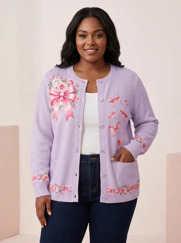 Women's Breast Cancer Awareness Pink Bow Rose Printed Cardigan