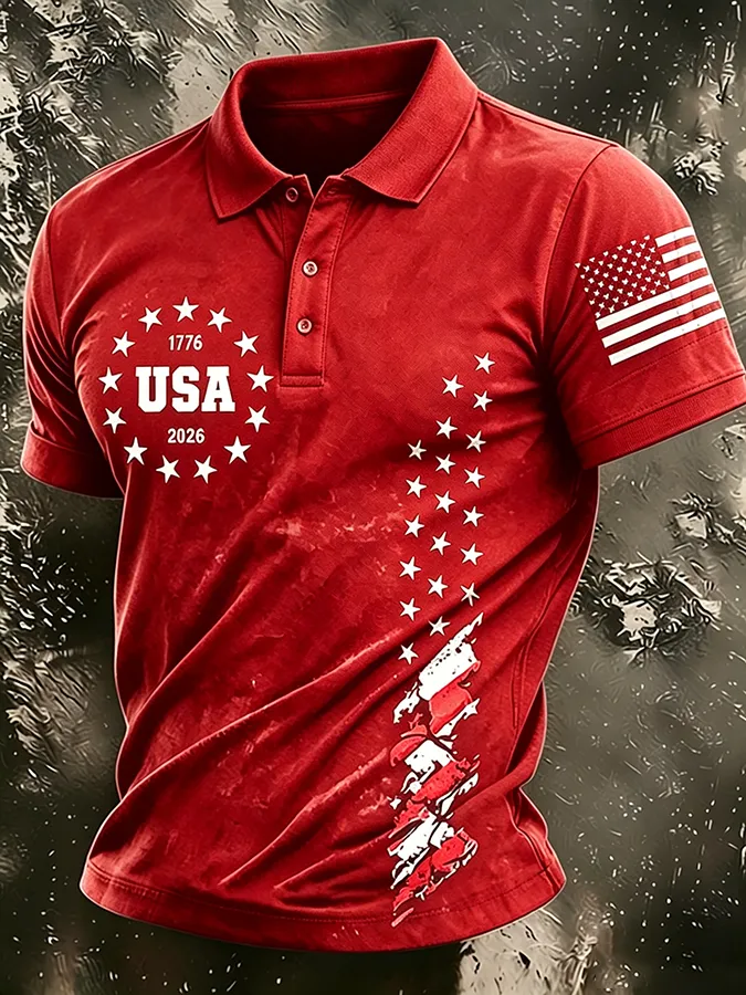 Men'S American Flag Print Casual Polo Shirt