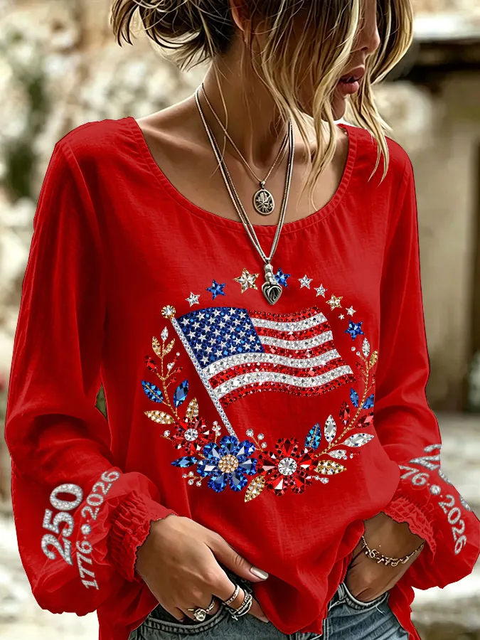 Women'S America Flag Printed Casual Cotton And Linen Top