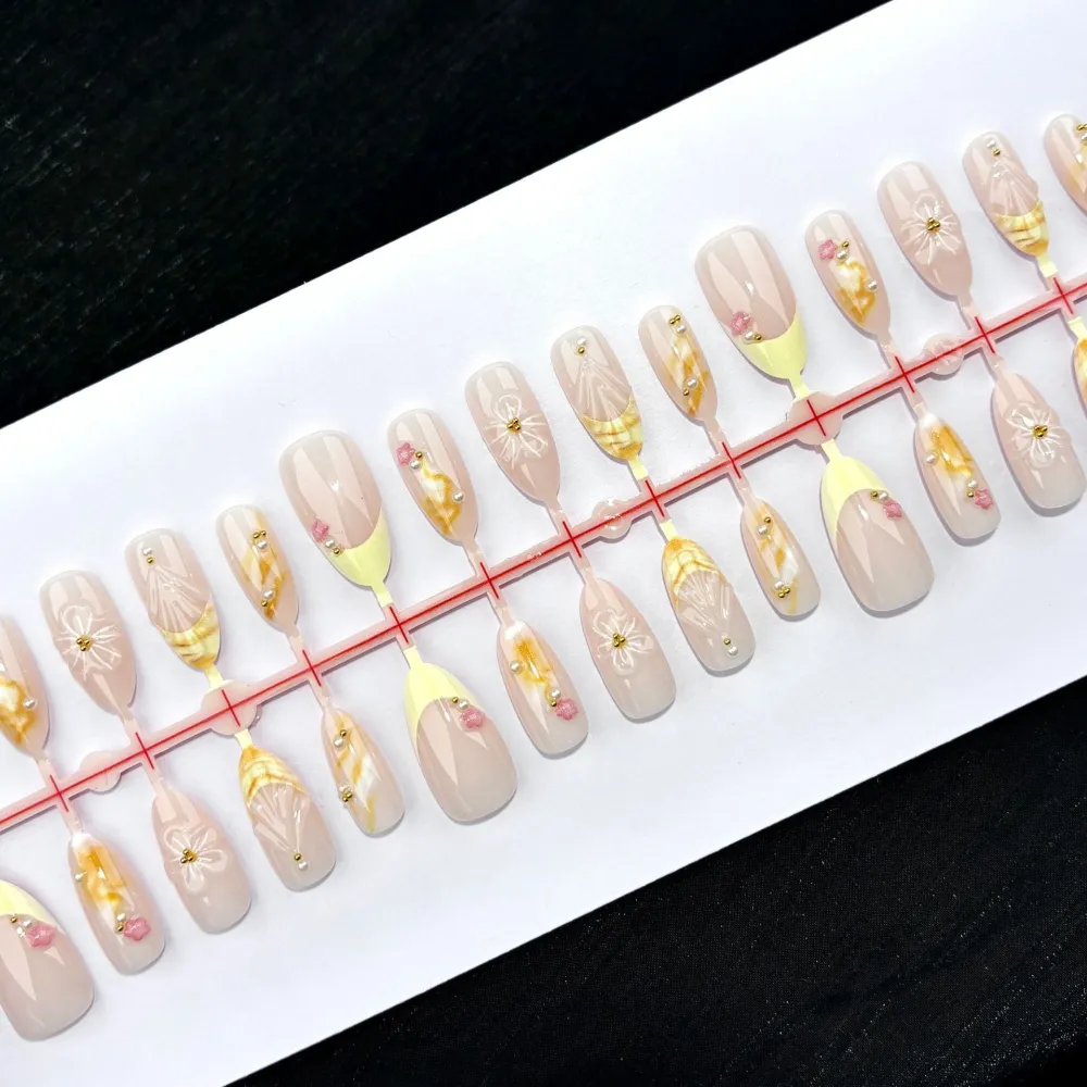 Nailhour 30Pcs Floral 3D Medium Almond French Press Yellow On Nails